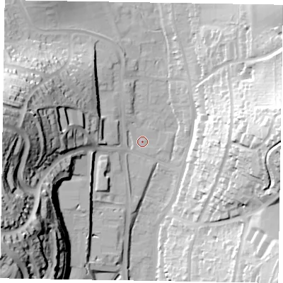 Shaded relief map of the ground around HP135RE, computed from Environment Agency LiDAR. The ground here sits at about 76 m above sea level and falls 57 m across the surrounding 800 m. Surface water reaching this point runs off ground lying to the west, 50.9 m higher.