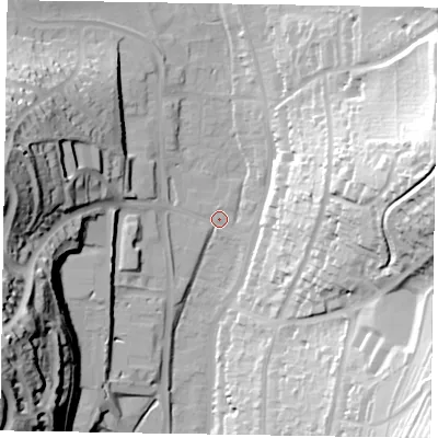 Shaded relief map of the ground around HP135SD, computed from Environment Agency LiDAR. The ground here sits at about 76 m above sea level and falls 56 m across the surrounding 800 m. Surface water reaching this point runs off ground lying to the east-north-east, 52.5 m higher.