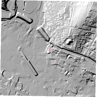 Shaded relief map of the ground around HP136SE, computed from Environment Agency LiDAR. The ground here sits at about 74 m above sea level and falls 69 m across the surrounding 800 m. Surface water reaching this point runs off ground lying to the north-north-east, 14.0 m higher.