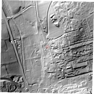 Shaded relief map of the ground around HP13AQ, computed from Environment Agency LiDAR. The ground here sits at about 94 m above sea level and falls 57 m across the surrounding 800 m. Surface water reaching this point runs off ground lying to the east-north-east, 26.8 m higher.