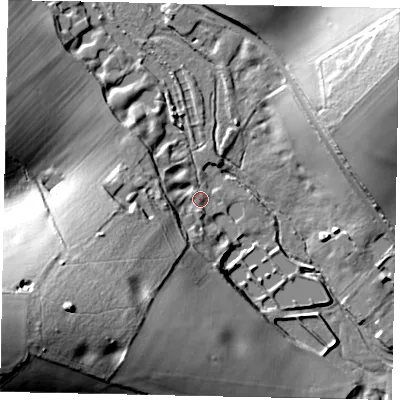 Shaded relief map of the ground around HP13BB, computed from Environment Agency LiDAR. The ground here sits at about 97 m above sea level and falls 47 m across the surrounding 800 m. Surface water reaching this point runs off ground lying to the south-west, 40.6 m higher.