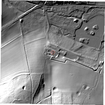 Shaded relief map of the ground around HP143AL, computed from Environment Agency LiDAR. The ground here sits at about 99 m above sea level and falls 74 m across the surrounding 800 m. Surface water reaching this point runs off ground lying to the south-west, 26.1 m higher.