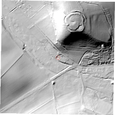 Shaded relief map of the ground around HP143AP, computed from Environment Agency LiDAR. The ground here sits at about 90 m above sea level and falls 77 m across the surrounding 800 m. Surface water reaching this point runs off ground lying to the north-north-east, 74.5 m higher.