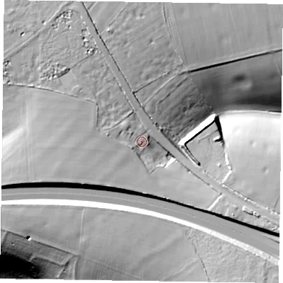 Shaded relief map of the ground around HP143YH, computed from Environment Agency LiDAR. The ground here sits at about 235 m above sea level and falls 48 m across the surrounding 800 m. Surface water reaching this point runs off ground lying to the west, 5.3 m higher.
