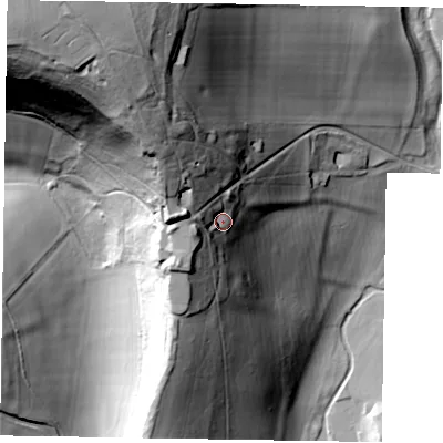 Shaded relief map of the ground around HP144LA, computed from Environment Agency LiDAR. The ground here sits at about 124 m above sea level and falls 87 m across the surrounding 800 m. Surface water reaching this point runs off ground lying to the north-west, 21.8 m higher.