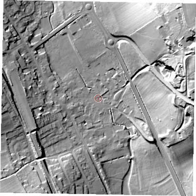 Shaded relief map of the ground around HP160AZ, computed from Environment Agency LiDAR. The ground here sits at about 123 m above sea level and falls 63 m across the surrounding 800 m. Surface water reaching this point runs off ground lying to the north-east, 59.9 m higher.