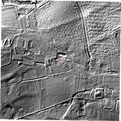 Shaded relief map of the ground around HP178LT, computed from Environment Agency LiDAR. The ground here sits at about 75 m above sea level and falls 12 m across the surrounding 800 m. Surface water reaching this point runs off ground lying to the south-east, 3.3 m higher.