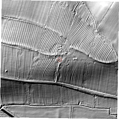 Shaded relief map of the ground around HP178NE, computed from Environment Agency LiDAR. The ground here sits at about 80 m above sea level and falls 11 m across the surrounding 800 m. Surface water reaching this point runs off ground lying to the north-west, 0.6 m higher.
