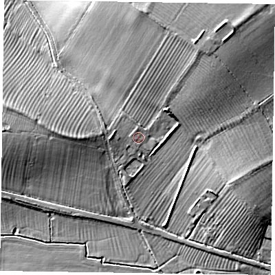Shaded relief map of the ground around HP178NG, computed from Environment Agency LiDAR. The ground here sits at about 79 m above sea level and falls 13 m across the surrounding 800 m. Surface water reaching this point runs off ground lying to the north-north-west, 0.6 m higher.