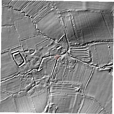 Shaded relief map of the ground around HP178SP, computed from Environment Agency LiDAR. The ground here sits at about 83 m above sea level and falls 7 m across the surrounding 800 m. Surface water reaching this point runs off ground lying to the north-east, 5.8 m higher.