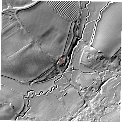 Shaded relief map of the ground around HP178XB, computed from Environment Agency LiDAR. The ground here sits at about 76 m above sea level and falls 12 m across the surrounding 800 m. Surface water reaching this point runs off ground lying to the west-north-west, 3.4 m higher.