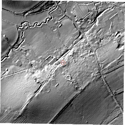Shaded relief map of the ground around HP178XE, computed from Environment Agency LiDAR. The ground here sits at about 77 m above sea level and falls 10 m across the surrounding 800 m. Surface water reaching this point runs off ground lying to the south-south-west, 2.1 m higher.