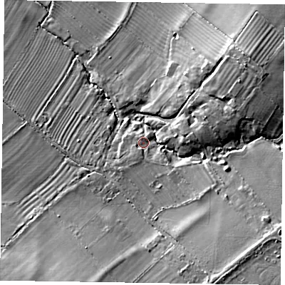 Shaded relief map of the ground around HP179UD, computed from Environment Agency LiDAR. The ground here sits at about 98 m above sea level and falls 16 m across the surrounding 800 m. Surface water reaching this point runs off ground lying to the south-east, 4.2 m higher.