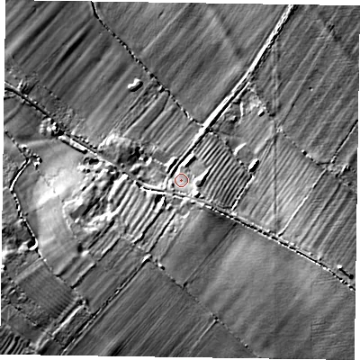Shaded relief map of the ground around HP179UG, computed from Environment Agency LiDAR. The ground here sits at about 87 m above sea level and falls 16 m across the surrounding 800 m. Surface water reaching this point runs off ground lying to the south-south-west, 9.4 m higher.