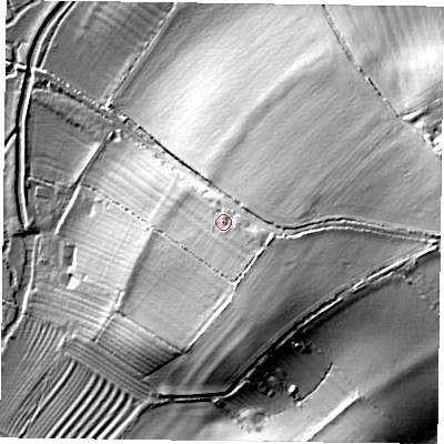 Shaded relief map of the ground around HP180BP, computed from Environment Agency LiDAR. The ground here sits at about 81 m above sea level and falls 23 m across the surrounding 800 m. Surface water reaching this point runs off ground lying to the east-south-east, 4.2 m higher.