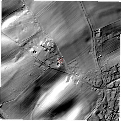Shaded relief map of the ground around HP180DN, computed from Environment Agency LiDAR. The ground here sits at about 105 m above sea level and falls 51 m across the surrounding 800 m. Surface water reaching this point runs off ground lying to the north-north-west, 8.5 m higher.