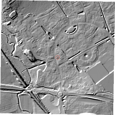 Shaded relief map of the ground around HP180EX, computed from Environment Agency LiDAR. The ground here sits at about 74 m above sea level and falls 11 m across the surrounding 800 m. Surface water reaching this point runs off ground lying to the south-east, 7.4 m higher.