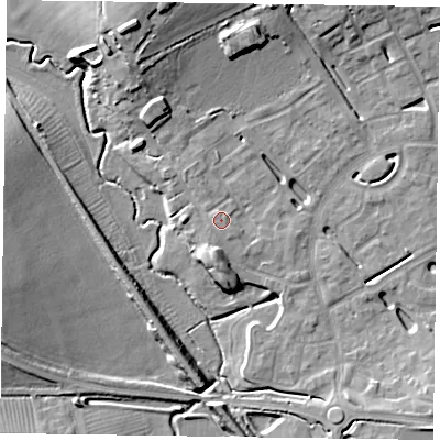 Shaded relief map of the ground around HP180FF, computed from Environment Agency LiDAR. The ground here sits at about 74 m above sea level and falls 12 m across the surrounding 800 m. Surface water reaching this point runs off ground lying to the south-east, 3.0 m higher.