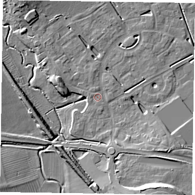 Shaded relief map of the ground around HP180FH, computed from Environment Agency LiDAR. The ground here sits at about 74 m above sea level and falls 13 m across the surrounding 800 m. Surface water reaching this point runs off ground lying to the south-east, 7.4 m higher.