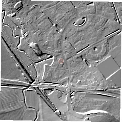 Shaded relief map of the ground around HP180FJ, computed from Environment Agency LiDAR. The ground here sits at about 74 m above sea level and falls 13 m across the surrounding 800 m. Surface water reaching this point runs off ground lying to the south-east, 7.4 m higher.