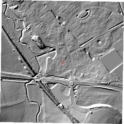 Shaded relief map of the ground around HP180FL, computed from Environment Agency LiDAR. The ground here sits at about 74 m above sea level and falls 13 m across the surrounding 800 m. Surface water reaching this point runs off ground lying to the north-north-east, 0.7 m higher.