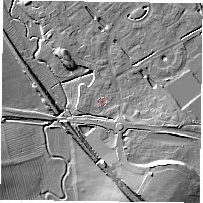 Shaded relief map of the ground around HP180FN, computed from Environment Agency LiDAR. The ground here sits at about 74 m above sea level and falls 13 m across the surrounding 800 m. Surface water reaching this point runs off ground lying to the south-south-west, 0.6 m higher.