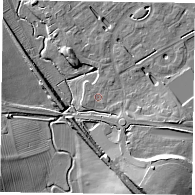 Shaded relief map of the ground around HP180FP, computed from Environment Agency LiDAR. The ground here sits at about 74 m above sea level and falls 13 m across the surrounding 800 m. Surface water reaching this point runs off ground lying to the east, 0.6 m higher.