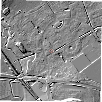 Shaded relief map of the ground around HP180FQ, computed from Environment Agency LiDAR. The ground here sits at about 74 m above sea level and falls 13 m across the surrounding 800 m. Surface water reaching this point runs off ground lying to the south-south-east, 7.4 m higher.
