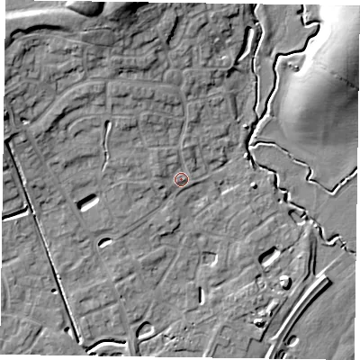 Shaded relief map of the ground around HP180FW, computed from Environment Agency LiDAR. The ground here sits at about 76 m above sea level and falls 14 m across the surrounding 800 m. Surface water reaching this point runs off ground lying to the north-west, 4.5 m higher.