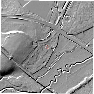 Shaded relief map of the ground around HP180GS, computed from Environment Agency LiDAR. The ground here sits at about 74 m above sea level and falls 14 m across the surrounding 800 m. Surface water reaching this point runs off ground lying to the west-north-west, 2.7 m higher.