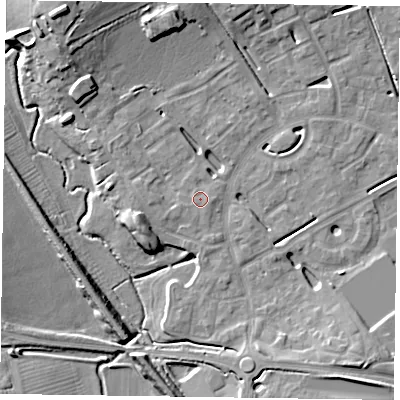 Shaded relief map of the ground around HP180GT, computed from Environment Agency LiDAR. The ground here sits at about 74 m above sea level and falls 12 m across the surrounding 800 m. The ground contributing surface water to this point lies to the south-east.
