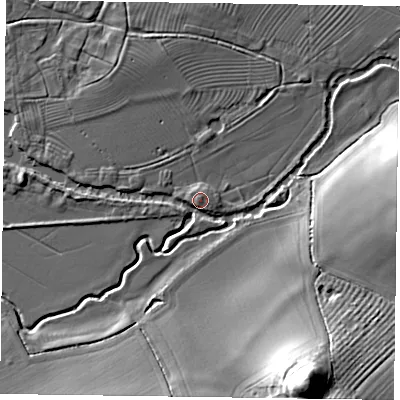 Shaded relief map of the ground around HP180HP, computed from Environment Agency LiDAR. The ground here sits at about 71 m above sea level and falls 28 m across the surrounding 800 m. Surface water reaching this point runs off ground lying to the south-south-west, 1.8 m higher.