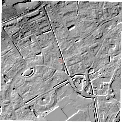 Shaded relief map of the ground around HP180PU, computed from Environment Agency LiDAR. The ground here sits at about 74 m above sea level and falls 15 m across the surrounding 800 m. Surface water reaching this point runs off ground lying to the north-north-west, 9.7 m higher.