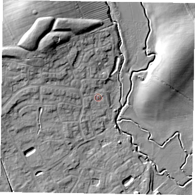 Shaded relief map of the ground around HP180QS, computed from Environment Agency LiDAR. The ground here sits at about 76 m above sea level and falls 15 m across the surrounding 800 m. Surface water reaching this point runs off ground lying to the north-west, 12.2 m higher.