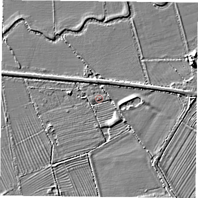 Shaded relief map of the ground around HP180RF, computed from Environment Agency LiDAR. The ground here sits at about 63 m above sea level and falls 5 m across the surrounding 800 m. Surface water reaching this point runs off ground lying to the south-east, 1.6 m higher.