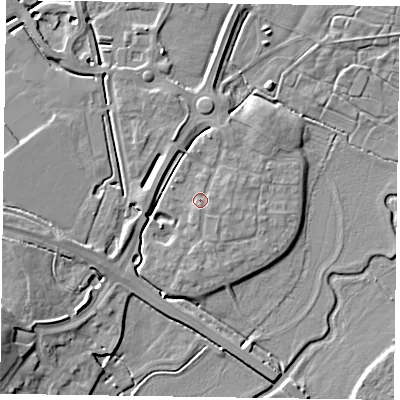 Shaded relief map of the ground around HP180UR, computed from Environment Agency LiDAR. The ground here sits at about 74 m above sea level and falls 10 m across the surrounding 800 m. Surface water reaching this point runs off ground lying to the south-east, 1.0 m higher.