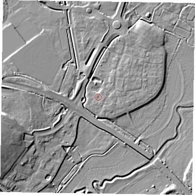 Shaded relief map of the ground around HP180UZ, computed from Environment Agency LiDAR. The ground here sits at about 73 m above sea level and falls 13 m across the surrounding 800 m. Surface water reaching this point runs off ground lying to the south-east, 0.6 m higher.