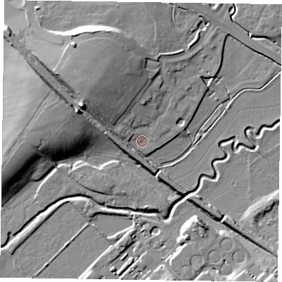 Shaded relief map of the ground around HP180WN, computed from Environment Agency LiDAR. The ground here sits at about 73 m above sea level and falls 14 m across the surrounding 800 m. Surface water reaching this point runs off ground lying to the north-west, 10.2 m higher.