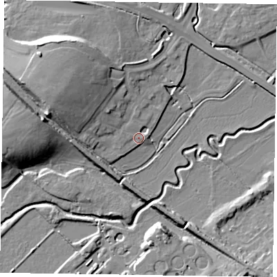Shaded relief map of the ground around HP180WP, computed from Environment Agency LiDAR. The ground here sits at about 73 m above sea level and falls 14 m across the surrounding 800 m. Surface water reaching this point runs off ground lying to the west-north-west, 11.5 m higher.