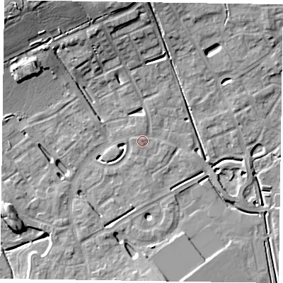 Shaded relief map of the ground around HP180WQ, computed from Environment Agency LiDAR. The ground here sits at about 74 m above sea level and falls 14 m across the surrounding 800 m. Surface water reaching this point runs off ground lying to the west-north-west, 0.8 m higher.