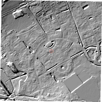 Shaded relief map of the ground around HP180WX, computed from Environment Agency LiDAR. The ground here sits at about 74 m above sea level and falls 14 m across the surrounding 800 m. Surface water reaching this point runs off ground lying to the south-west, 2.1 m higher.