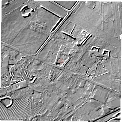 Shaded relief map of the ground around HP180XB, computed from Environment Agency LiDAR. The ground here sits at about 78 m above sea level and falls 9 m across the surrounding 800 m. Surface water reaching this point runs off ground lying to the north-east, 2.4 m higher.