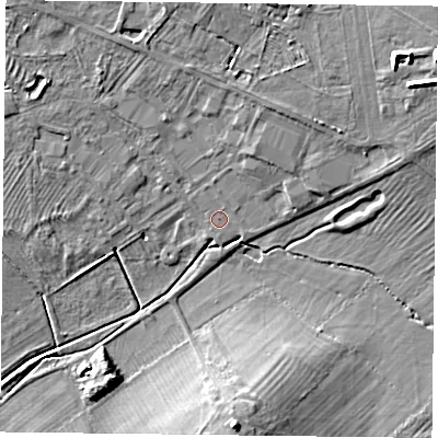 Shaded relief map of the ground around HP180XP, computed from Environment Agency LiDAR. The ground here sits at about 77 m above sea level and falls 10 m across the surrounding 800 m. Surface water reaching this point runs off ground lying to the north-east, 5.4 m higher.