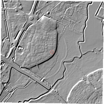 Shaded relief map of the ground around HP180YQ, computed from Environment Agency LiDAR. The ground here sits at about 73 m above sea level and falls 6 m across the surrounding 800 m. Surface water reaching this point runs off ground lying to the west-north-west, 0.8 m higher.