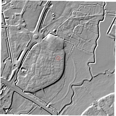 Shaded relief map of the ground around HP180YZ, computed from Environment Agency LiDAR. The ground here sits at about 73 m above sea level and falls 5 m across the surrounding 800 m. Surface water reaching this point runs off ground lying to the west, 0.9 m higher.