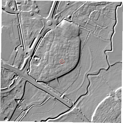 Shaded relief map of the ground around HP180ZA, computed from Environment Agency LiDAR. The ground here sits at about 74 m above sea level and falls 7 m across the surrounding 800 m. Surface water reaching this point runs off ground lying to the west, 1.0 m higher.