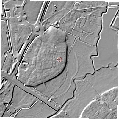 Shaded relief map of the ground around HP180ZB, computed from Environment Agency LiDAR. The ground here sits at about 74 m above sea level and falls 6 m across the surrounding 800 m. Surface water reaching this point runs off ground lying to the south, 0.5 m higher.