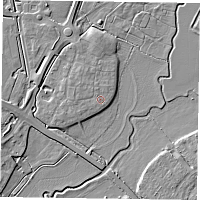 Shaded relief map of the ground around HP180ZD, computed from Environment Agency LiDAR. The ground here sits at about 74 m above sea level and falls 6 m across the surrounding 800 m. Surface water reaching this point runs off ground lying to the west, 1.0 m higher.