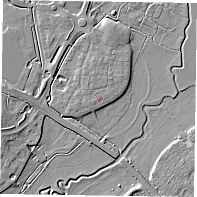 Shaded relief map of the ground around HP180ZE, computed from Environment Agency LiDAR. The ground here sits at about 74 m above sea level and falls 7 m across the surrounding 800 m. The ground contributing surface water to this point lies to the north-north-west.