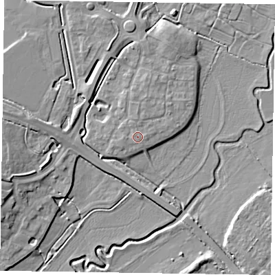 Shaded relief map of the ground around HP180ZF, computed from Environment Agency LiDAR. The ground here sits at about 74 m above sea level and falls 8 m across the surrounding 800 m. Surface water reaching this point runs off ground lying to the north, 0.6 m higher.